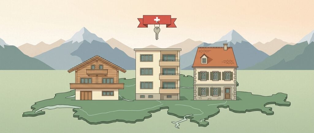 Flat editorial illustration: three Swiss property types (chalet, modern apartment, townhouse) on a green Switzerland-shaped landmass with alpine mountains and a red Swiss ribbon with keys above