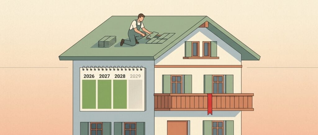 Flat editorial illustration of a Swiss chalet with a workman finishing a roof repair and a wall calendar showing 2026, 2027, 2028 in green and a greyed-out 2029 column representing the deduction cliff