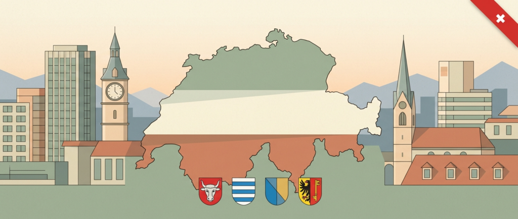 Stylized Switzerland silhouette in three stacked layers representing the federal, cantonal, and communal tiers of Swiss corporate tax, with four cantonal shields and a Swiss-red ribbon, set against a Swiss business-district skyline