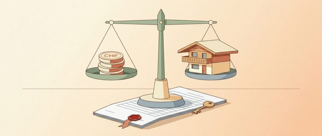 Flat editorial illustration: a balance scale weighing a stack of CHF coins (the flat tax you pay) against a small stylised Swiss chalet (your Swiss home that sets the deemed tax base via the 7 times rent rule), with a folded tax ruling ledger bearing a red wax seal and a brass key at the base, representing Swiss lump-sum taxation