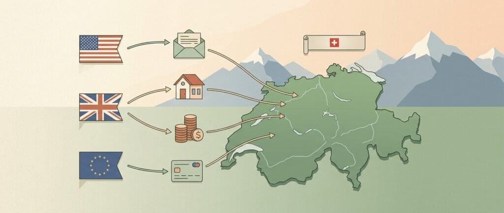 Flat editorial illustration: income streams from US UK and EU flags flowing into a stylized green Switzerland-shaped landmass with alpine mountains and a small Swiss-cross DBA treaty scroll above